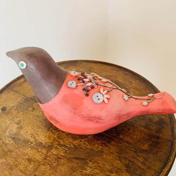Adorable Pink & Brown Hand Carved, Hand Painted Solid Wooden 9"x 5" Bird - Picture 1 of 6